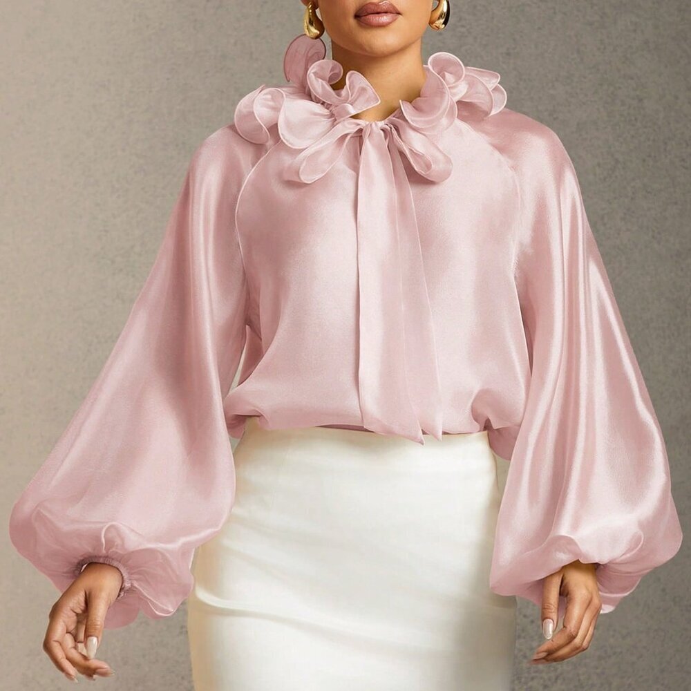 Dusty Pink Elegant Women's Ruffle Collar Lantern Sleeve Blouse - Picture 5 of 6